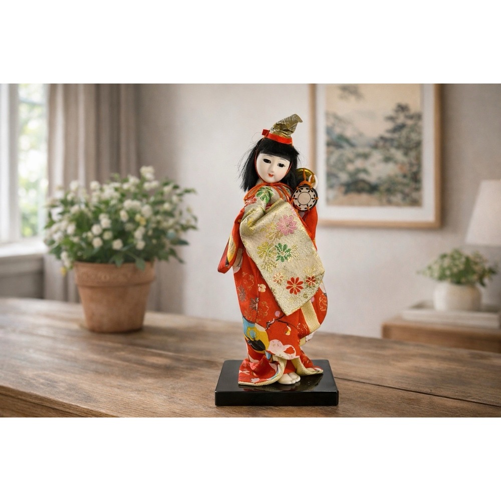 Vintage‎ Japanese Ichimatsu Doll in Silk Kimono with Drum – 9" – Display Stand